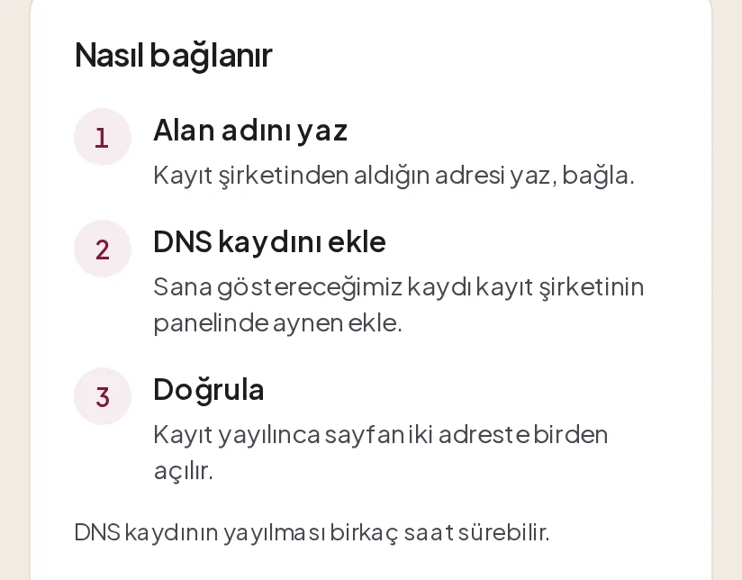 Nasıl bağlanır: 1 Alan adını yaz, 2 DNS kaydını ekle, 3 Doğrula