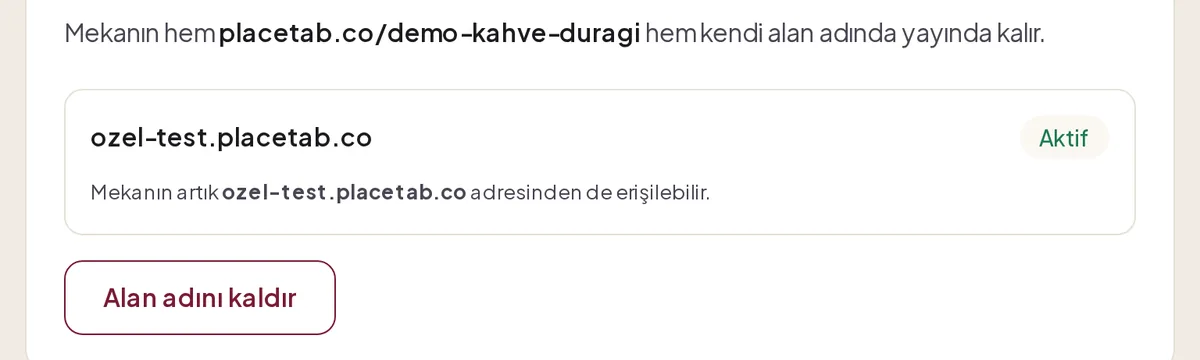 Bağlı alan adı Aktif durumda ve Alan adını kaldır düğmesi