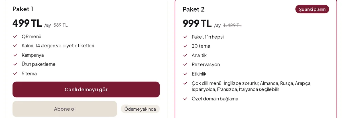 Paket 1 ve Paket 2 kartları: aylık fiyat, liste fiyatı ve özellik listesi