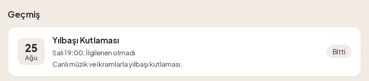 Geçmiş başlığı altında Bitti rozetli Yılbaşı Kutlaması