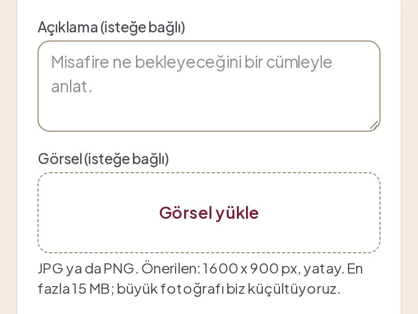 Açıklama alanı ve Görsel yükle düğmesi