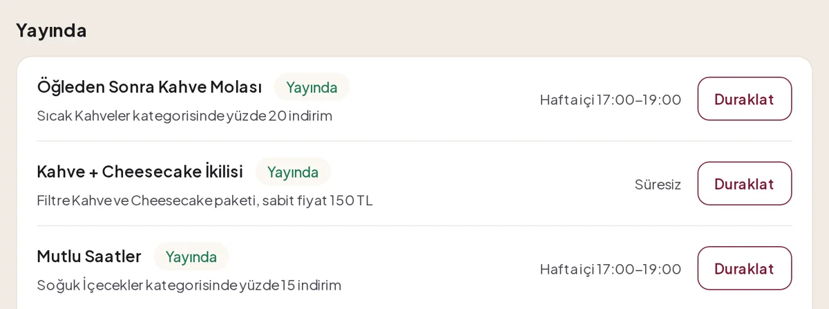 Yayında grubu: Öğleden Sonra Kahve Molası, Kahve + Cheesecake İkilisi, Mutlu Saatler ve Duraklat düğmeleri