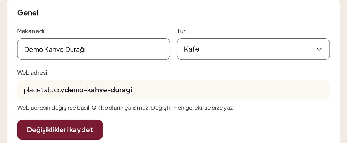 Genel bölümü: Mekan adı, Tür Kafe, web adresi ve Değişiklikleri kaydet