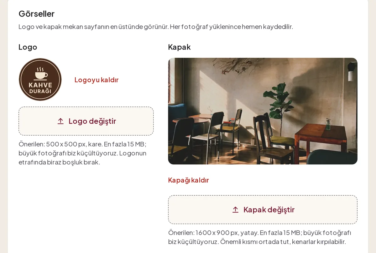 Görseller bölümü: logo, kapak fotoğrafı, değiştir ve kaldır düğmeleri