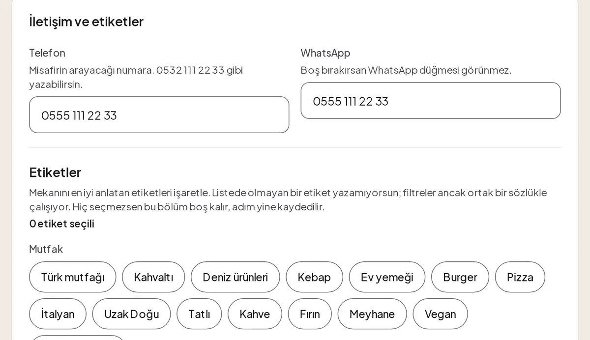 İletişim ve etiketler: Telefon ve WhatsApp alanları, mutfak etiketleri