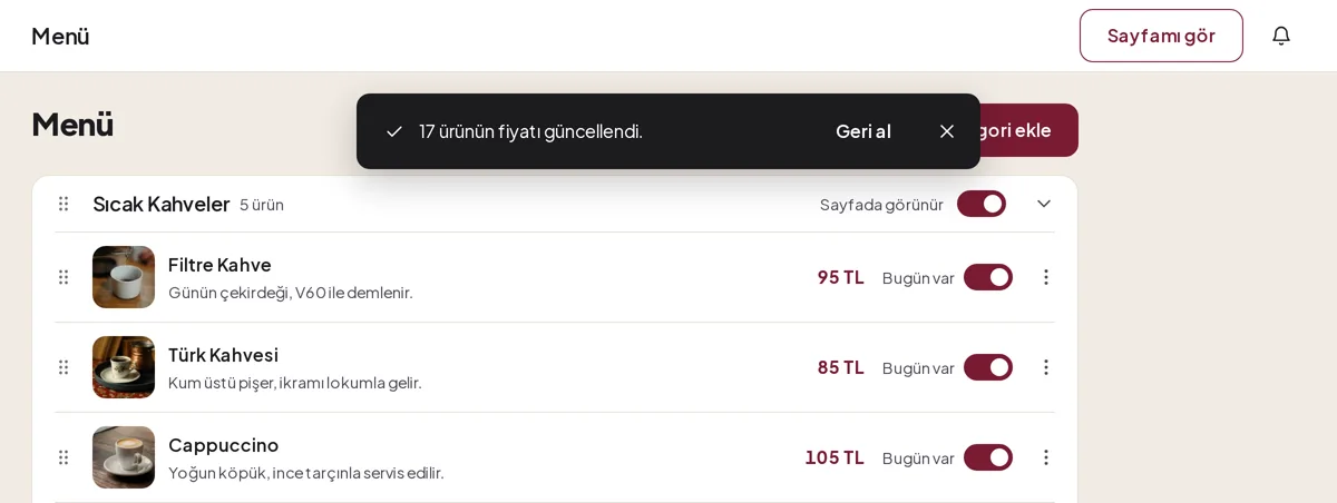 17 ürünün fiyatı güncellendi bildirimi ve Geri al düğmesi; altta zamlı fiyatlar, Filtre Kahve 95 TL, Türk Kahvesi 85 TL