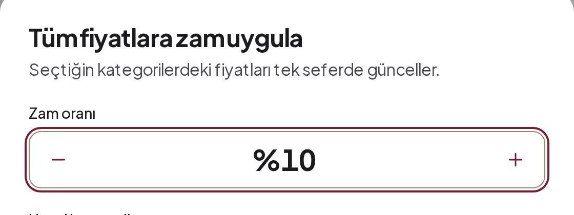 Tüm fiyatlara zam uygula penceresinde zam oranı %10