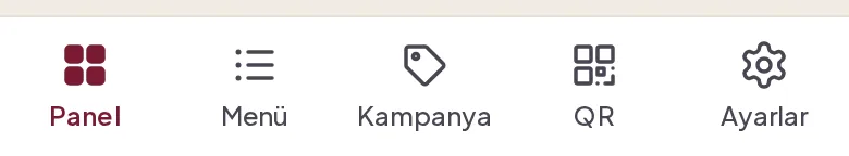 Telefondaki alt çubuk: Panel, Menü, Kampanya, QR, Ayarlar