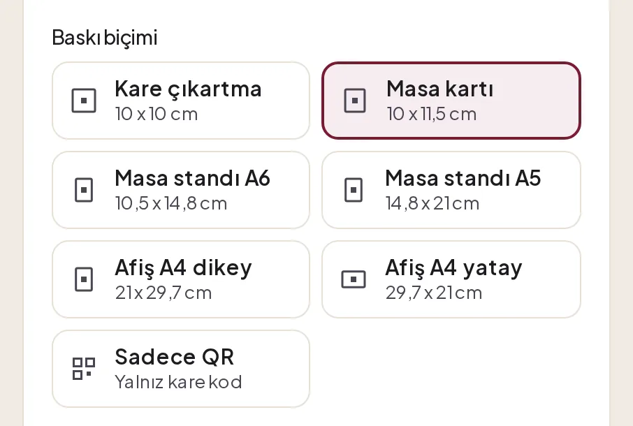 Baskı biçimi seçenekleri ve ölçüleri, Masa kartı 10 x 11,5 cm seçili