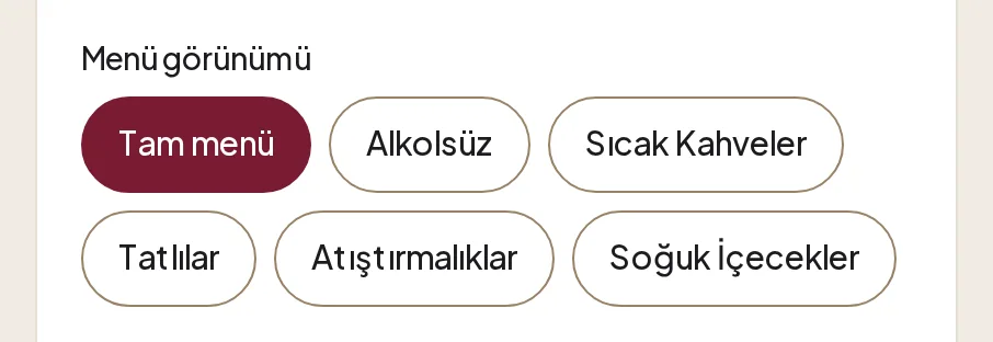 Menü görünümü seçenekleri: Tam menü seçili, Alkolsüz ve kategoriler
