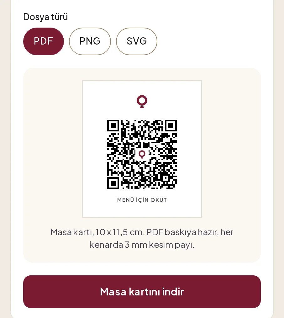 Dosya türü PDF seçili, masa kartı önizlemesi ve Masa kartını indir düğmesi