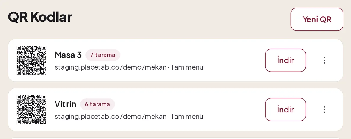 QR listesi: Masa 3 ve Vitrin, tarama sayıları ve İndir düğmeleri