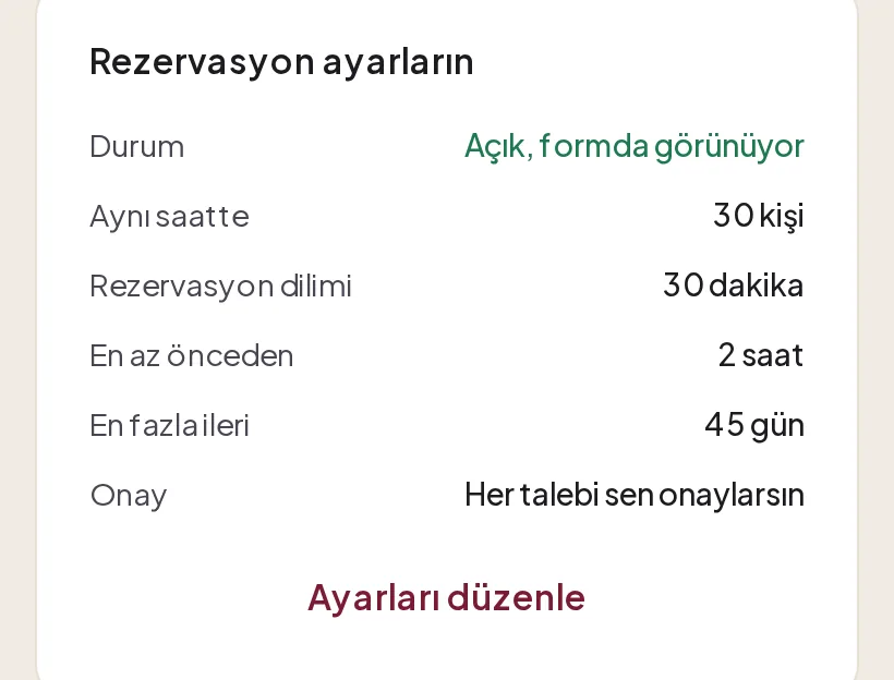 Rezervasyon ayarların özeti: durum, kapasite, dilim, süre sınırları, onay ve Ayarları düzenle bağlantısı
