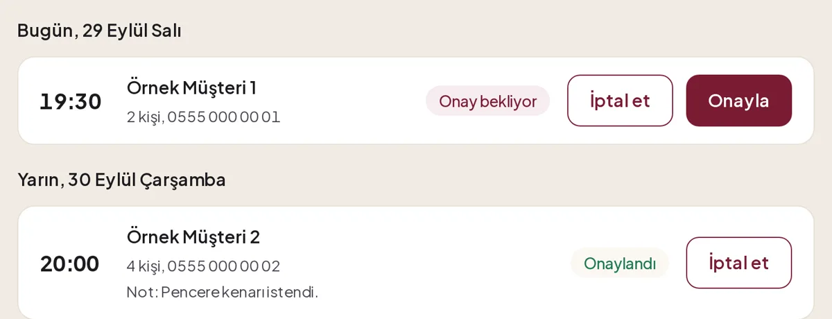Bugün grubunda onay bekleyen bir talep, Yarın grubunda İptal et düğmeli onaylanmış bir talep