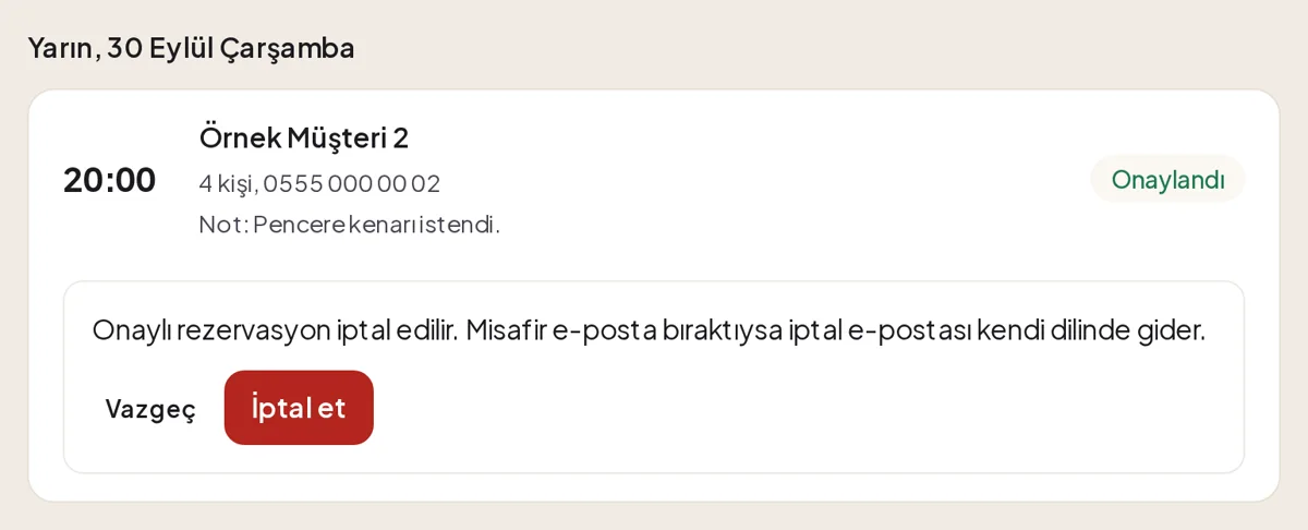 Onaylandı rozetli 20:00 talebinin altında iptal onayı: e-posta uyarısı, Vazgeç ve İptal et düğmeleri