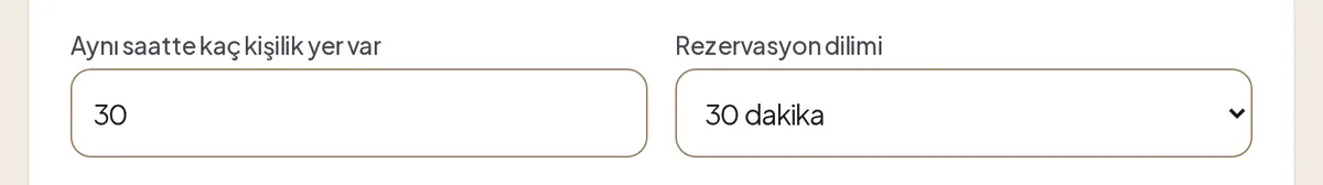 Aynı saatte kaç kişilik yer var alanında 30, Rezervasyon dilimi 30 dakika