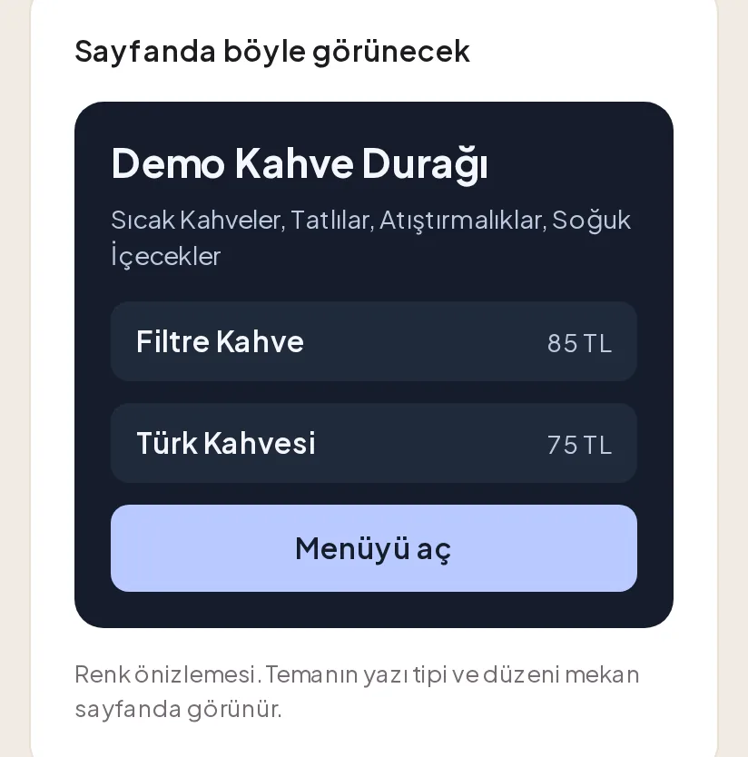 Sayfanda böyle görünecek: Gece temasında Demo Kahve Durağı önizlemesi
